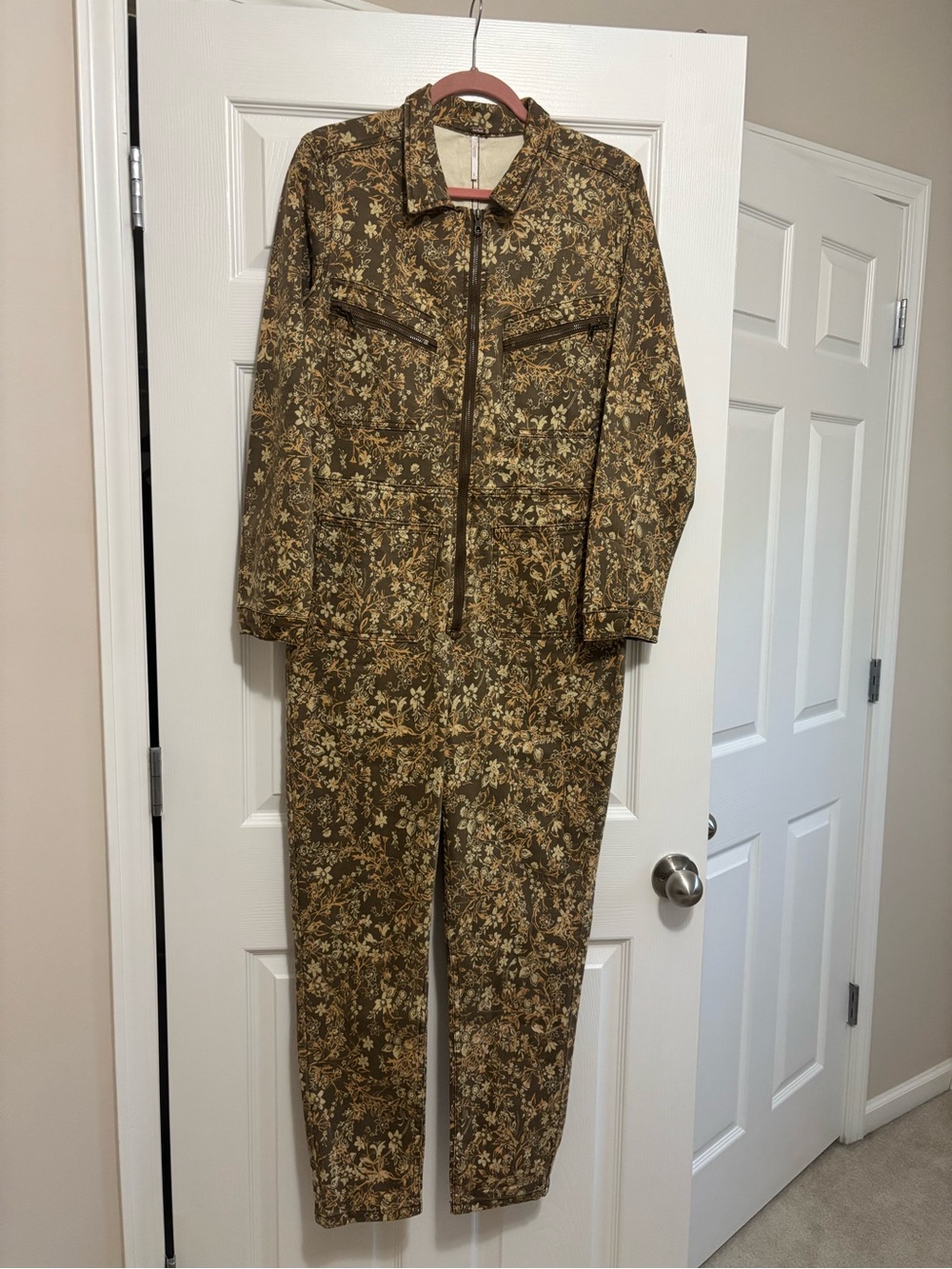 Free People Olive Floral Utility Jumpsuit